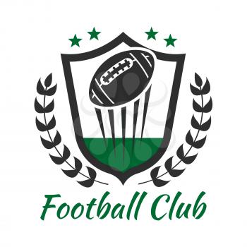 Football sport heraldic symbol of medieval shield with flying ball decorated by laurel wreath and stars. American football sports club or team badge design usage