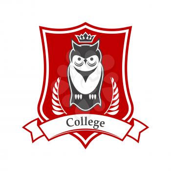 College or academy heraldic sign in red and white colors of figured shield with crowned owl bird, adorned by ribbon banner and laurel branches. Great for education theme design usage