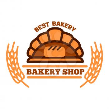 Brick oven bread symbol of woodfired oven with appetizing loaf inside, flanked by wheat ears and headers. Great for organic bakery shop menu board or food packaging design