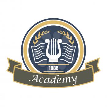 Music and arts academy round badge with vintage lyre and book decorated by laurel wreath and ribbon banner. Educational institution heraldic insignia or art education theme design usage