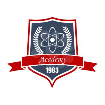 Academy of physics insignia or science education symbol with model of atom, encircled by laurel wreath on medieval shield with ribbon banner. May be use as education or heraldry theme design