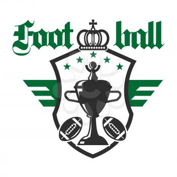 American football sporting tournament badge of champion trophy cup with balls and stars on winged heraldic shield with crown on the top. Sports competition theme design usage