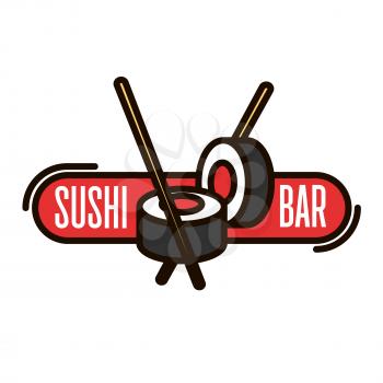 Sushi bar thin line icon of salmon sushi rolls with chopsticks and red banner. Japanese seafood restaurant signboard or takeaway food packaging design usage