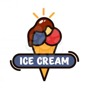 Fast food ice cream dessert linear icon with colorful ice cream scoops in sugar waffle cone with chocolate sauce. Cafe menu board or takeaway ice cream cup design