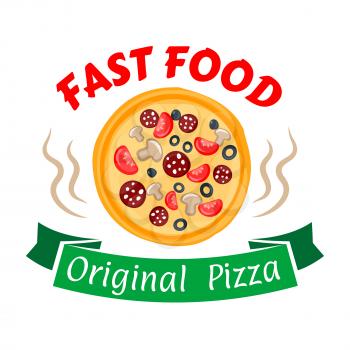 Hot and spicy pepperoni pizza symbol with sausages and cheese, olives, tomatoes and mushrooms toppings. Fast food pizza icon with green ribbon banner for pizzeria and cafe design