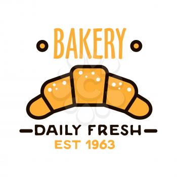 Daily fresh bakery flat linear badge with powdered fresh croissant, supplemented by date foundation below. Bakery shop design template for signboard or kraft paper bags
