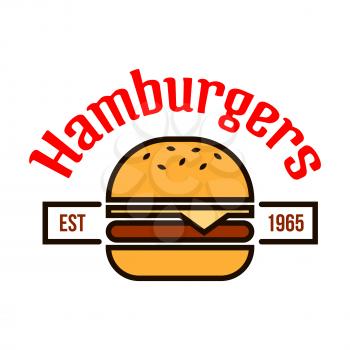Fast food burgers badge with thin line cheeseburger on sesame bun with swiss cheese topped by header Hamburgers. Fast food cafe signboard or takeaway food packaging design