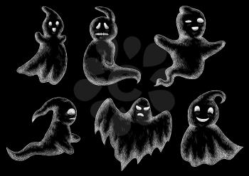 Halloween chalk drawing. Funny ghosts and spooks hand drawn on chalkboard. Cute scary artistic bogey chalked vector icons set. Blackboard background