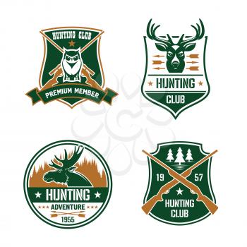 Hunting club shields set. Vector hunt sports emblems. Label elements with animals, birds, rifles, arrows, forest, mountains, owl, deer, elk. Hunter premium membership design for badge, t-shirt outfit