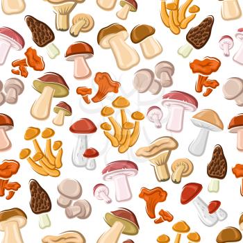 Mushrooms seamless pattern background. Champignon, lactarius, boletus, chanterelle morel graphic elements