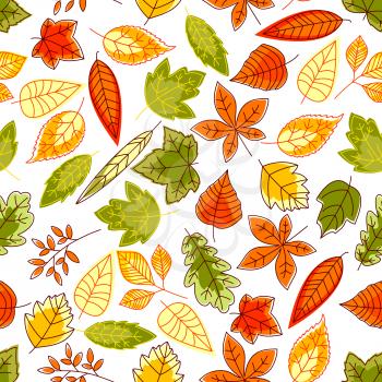 Autumn leaves seamless pattern background. Brush painted september school time wallpaper illustration. Tablecloth print design. Foliage elements of oak, maple, birch, aspen, chestnut, elm, poplar
