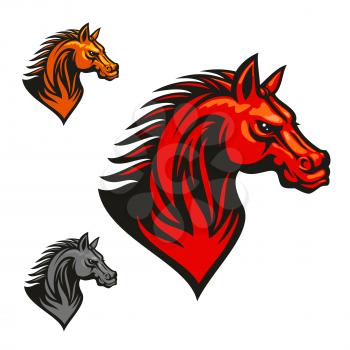 Horse stallion head. Red, yellow, gray horses with mane. Vector sketch artwork. Icon for chess or sport club emblem, team shield, icon, badge, label and tattoo