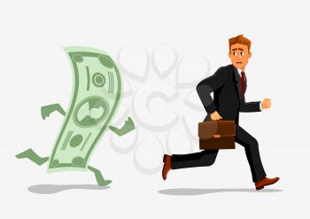 Businessman escaping dollar. Man running away from banknote. Foreign currency dependency concept. Creative illustration of business, finances, economics, crisis, recession, devaluation.