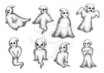 Halloween funny cartoon ghosts and spooks. Cute scary artistic bogey with face expressions. Vector icons set