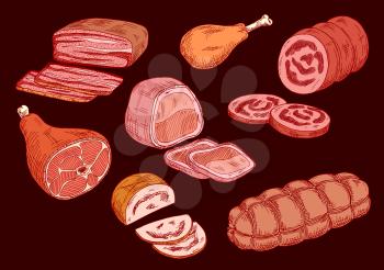 Meat food set illustration. Ham, meat loaf, sliced bacon, sausage, meat pie, chicken leg. Vector drawings design for grocery store, food market, restaurant and butcher shop elements.