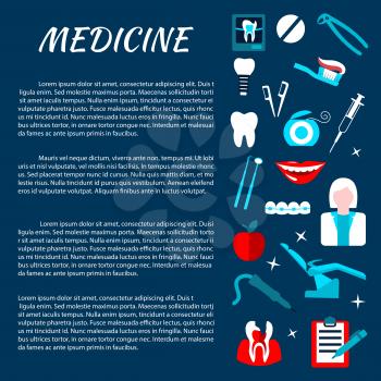 Dentistry medicine information banner with infographics. Stomatology dental care illustration template for poster, board, leaflet, flyer. Dentist tools and equipment vector elements.