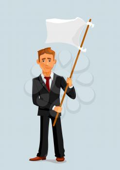 Businessman holds white flag of surrender. Capitulation and defeat business metaphor with man vector character