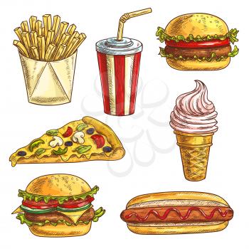 Fast food sketch icons set. Isolated elements of burger, hamburger, cheeseburger, soda drink in cup, ice cream cone, pizza slice, hot dog, french fries in box