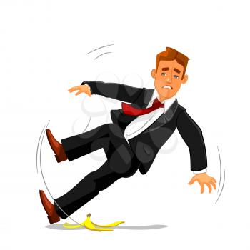 Young businessman slipping on banana peel and falling down. Accident, failure and bad luck buinsess metaphor with man vector character