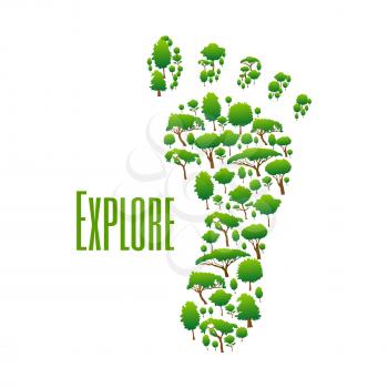 Nature safe exploring poster. Green environment protection icon with foot symbol made of trees