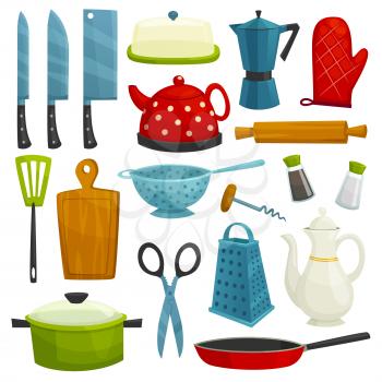 Kitchen utensils isolated icons. Kitchenware and cutlery hatchet, knife, coffee maker, kettle, pitcher, spatula, cutting board, grater, scissors, frying pan siuce pan salt pepper corkscrew colander