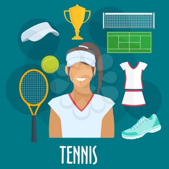 Tennis sport equipment and outfit icons. Tennis woman player with vector isolated cap visor, racket, ball, sneaker, victory cup, playing field, dress