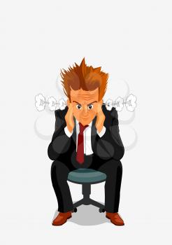 Young businessman exploding with anger and rage. Manager man with angry face and messy hair sitting on chair with hands at head