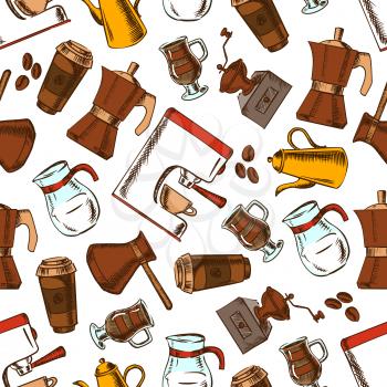 Coffee makers seamless pattern background. Vector sketch elements of retro coffee mill, turkish cezve, espresso machine, coffee grinder, moka pot, macchinetta, milk pitcher