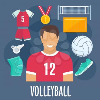 Volleyball sport equipment and outfit. Volleyball man player with vector icons of gold medal award, ball, sneaker shoe, whistle, knee protector, t-shirt