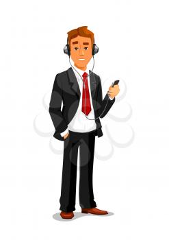 Man holding smatphone and listening muisc in headphones. Office manager, businessman vector isolated character