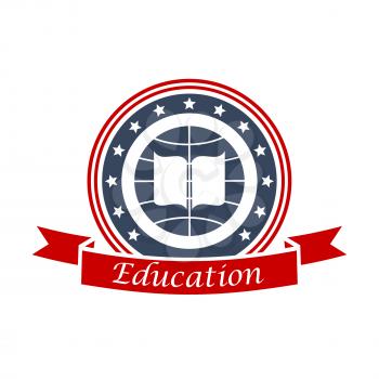 Education emblem design with book, globe, red ribbon and stars. Vector circle insignia label for university, college, high school. Education and study graphic shield.