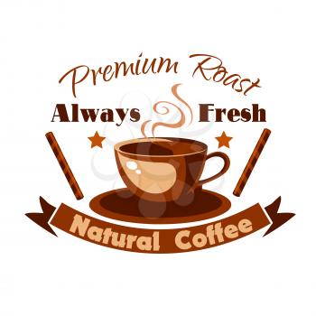 Hot Coffee Cup icon with cinnamon sticks. Cafe vector label for cafeteria, signboard, fast food menu, coffeeshop