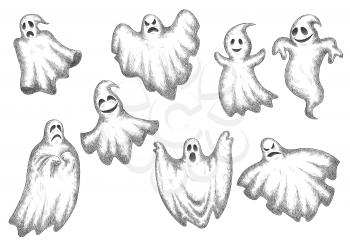 Halloween funny cartoon ghosts vector icons. Cute and scary artistic spooks with face expressions
