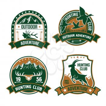 Hunting club shields set. Vector hunt sports label emblems with animals, elk, mountain goat, birds, ducks, arrows, mountains. Hunter identity design for badge, t-shirt, outfit