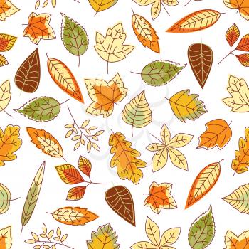 Leaves pattern background. Seamless wallpaper with foliage. Vector leaf icons of maple, birch, aspen, elm, poplar