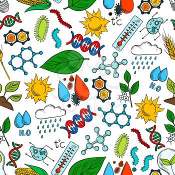 Nature ecosystem and natural phenomena seamless background. Wallpaper with vector pattern icons of organic elements wind, rain, dna, cell, bacteria, microbe, microorganism, molecule, plant, sun, water