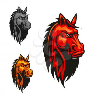 Horse stallion head heraldic emblem. Red, yellow, gray horses with mane. Vector icons for sport club emblem, team shield, badge, label, tattoo