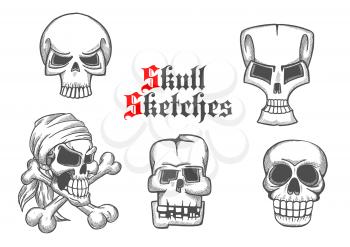 Skeleton skulls pencil sketch icons. Abstract shapes of cranium and crossbones for halloween cartoon, label, tattoo, t-shirt, placard, decoration, poster