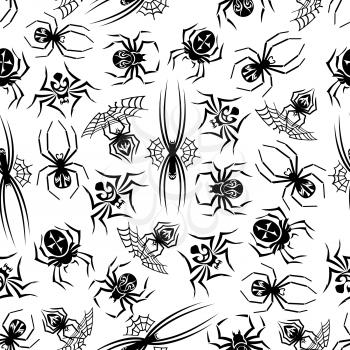 Black spiders seamless background. Wallpaper with vector pattern icons of tarantula, spider web. Halloween decoration