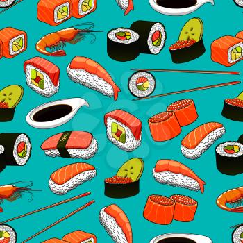 Seafood seamless background with vector pattern icons of sushi, rolls, maki, prawn, chopsticks, wasabi. Japanese asian cuisine and oriental kitchen, restaurant wallpaper