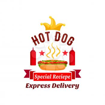 Fast food xpress delivery emblem. hot dog label element with ketchup bottles, golden crown, stars, red ribbon. Vector icon for restaurant, eatery, menu, signboard, poster