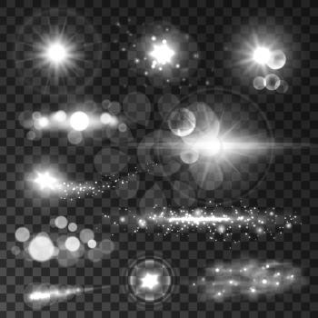 Glowing light flashes set. Sparkling stars and sun beams with lens flare effect on transparent background. Vector shining elements