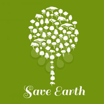 Save Earth poster. Green environment protection icon. Big tree symbol made of trees elements. Eco concept vector emblem