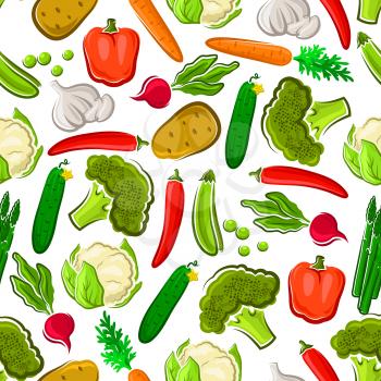 Vegetables seamless background. Wallpaper with vector pattern icons of fresh farm vegetarian carrot, cauliflower, broccoli, asparagus, pepper, cucumber, chili for grocery store, food market, product s