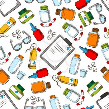Medical seamless background. Wallpaper with vector pattern icons of ophthalmology supplies and medications eye drops, dropper, ointment, pills, vial, glasses, prescription