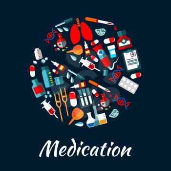 Medication poster with icons set in pill shape. Medical vector elements. Hospital infographic with icons of health care equipment dropper, syringe, scalpel, pill, stethoscope, blood, ointment