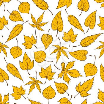 Yellow falling leaves seamless pattern background. Autumn foliage wallpaper with vector elements of maple, birch, aspen, elm, poplar