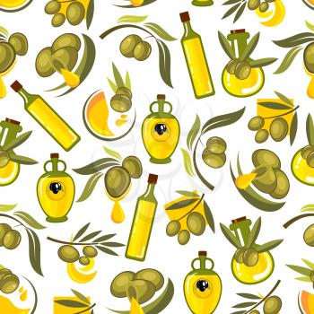 Green olives branches and olive oil seamless background. Wallpaper with vector patterns for kitchen decoration, tile, tablecloth. Greek, spanish, italian cuisine decoration
