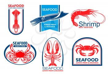 Seafood products emblems. Vector icons for product, company, restaurant label. Silhouettes of lobster, shrimp, squid, crab fish