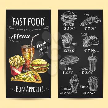Fast food menu poster. Chalk sketch icons on blackboard. Snacks and drinks description and price label. Vector elements of fries, hamburger, drinks, pizza, hot dog, popcorn, ice cream, tacos